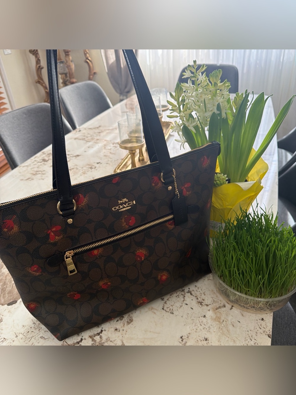 Coach Brown Signature Monogram Tote with Red Floral Accents - Picture 5 of 15